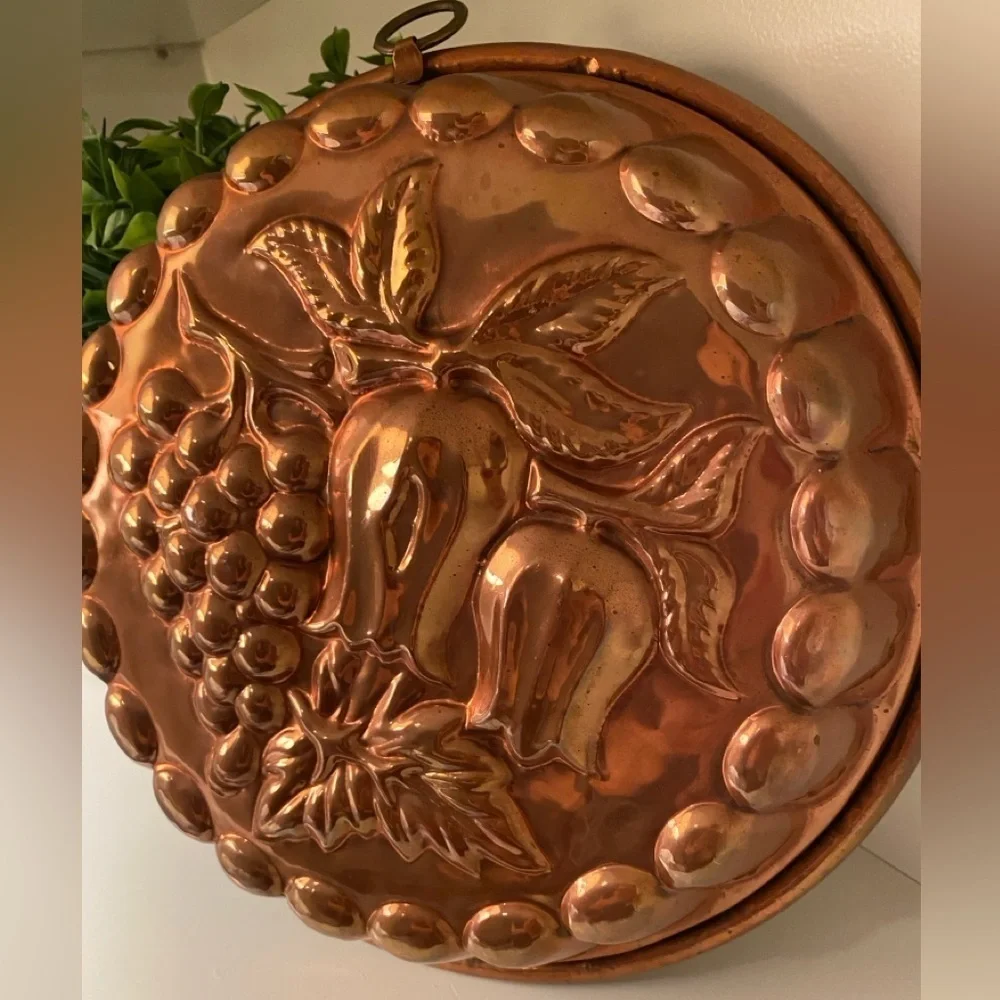 Copper Large Cake Jello Mold Tulip Flowers Grapes Tin Lined - w/Hook   Vintage
